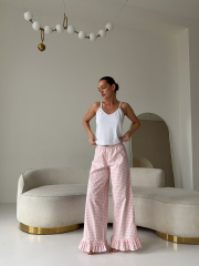 Піжама REMI з натуральної тканини з рюшами з принтом рожева клітинка , фото 6