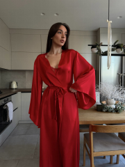 Сатиновий халат Maxi в червоному кольорі, фото 9