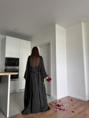 Сатиновий халат MAXI в чорному кольорі, фото 6