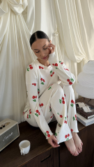 Піжама з натуральної тканини Iris з принтом вишеньки довга, фото 3