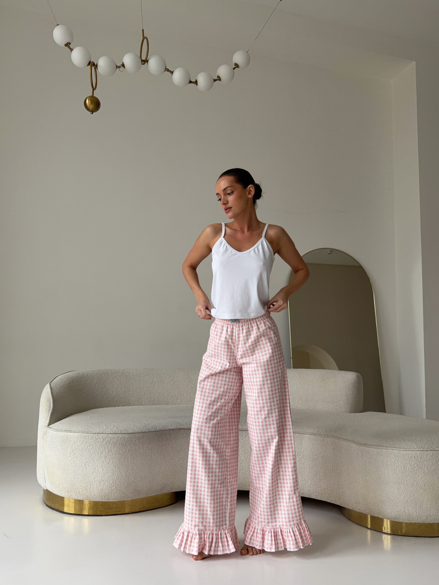 Піжама REMI з натуральної тканини з рюшами з принтом рожева клітинка , фото 13