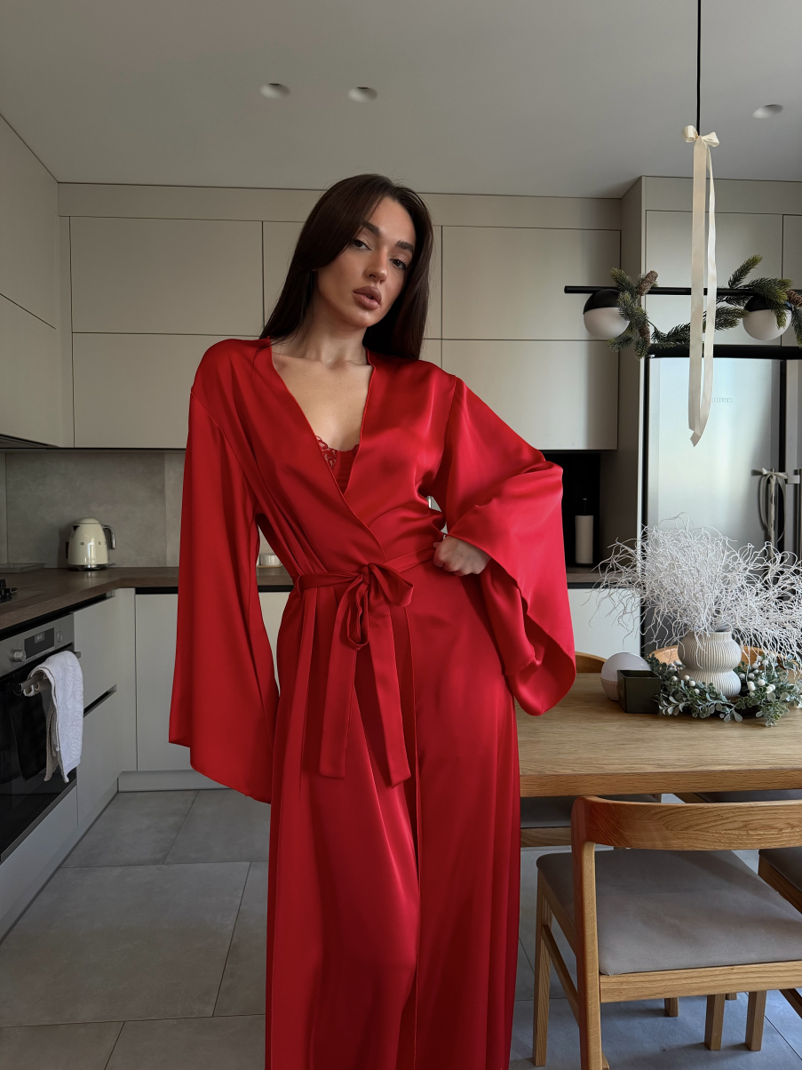 Сатиновий халат Maxi в червоному кольорі, фото 10