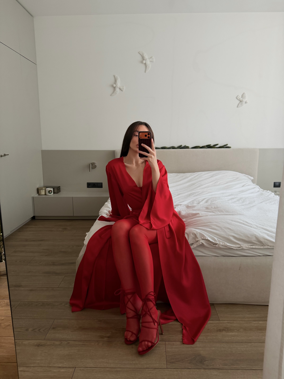 Сатиновий халат Maxi в червоному кольорі, фото 12