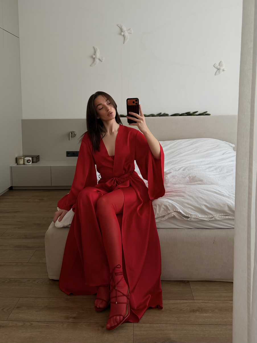 Сатиновий халат Maxi в червоному кольорі, фото 14