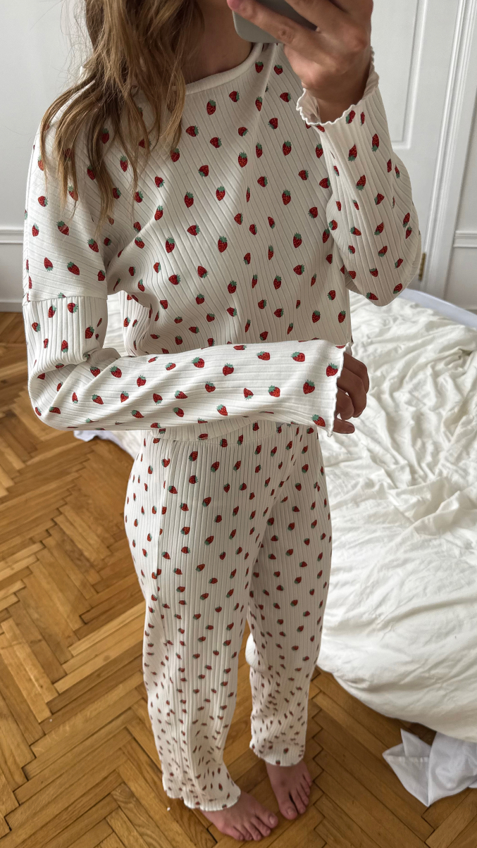Піжама з натуральної тканини Iris з принтом полунички довга, фото 9