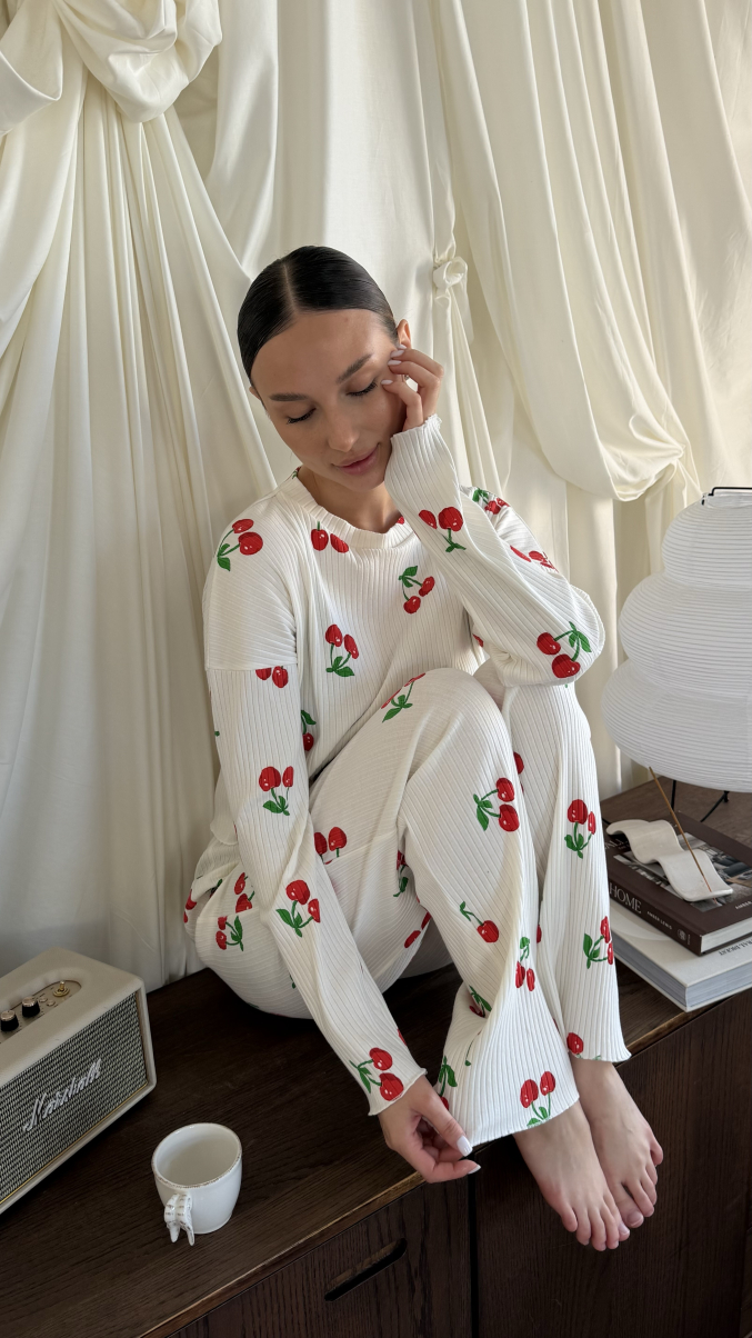 Піжама з натуральної тканини Iris з принтом вишеньки довга, фото 12