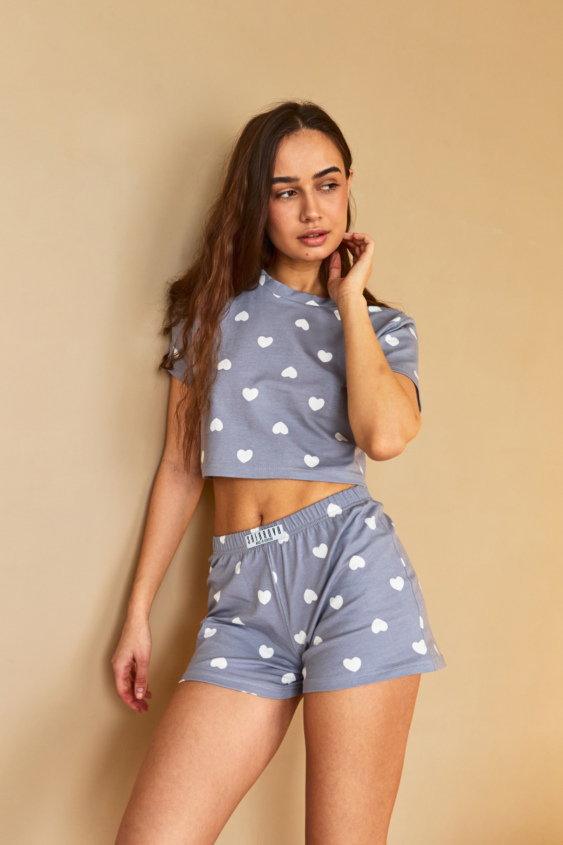 Піжама Sara сіра з білими сердечками топ та штани L-XL №312, фото 3