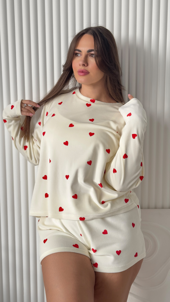 Піжама Велюр з сердечками кофта та шорти розмір L-XL №313, фото 1