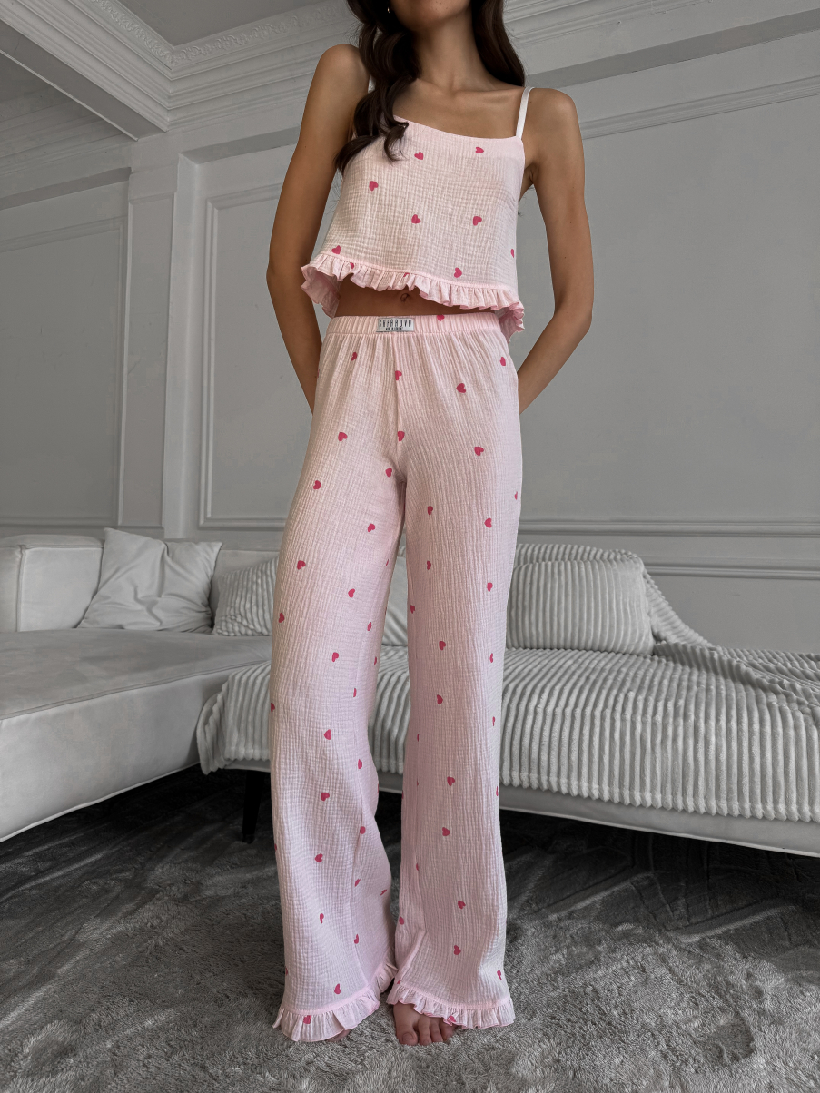 Муслінова піжама в сердечка майка L, штани L-XL №329, фото 1