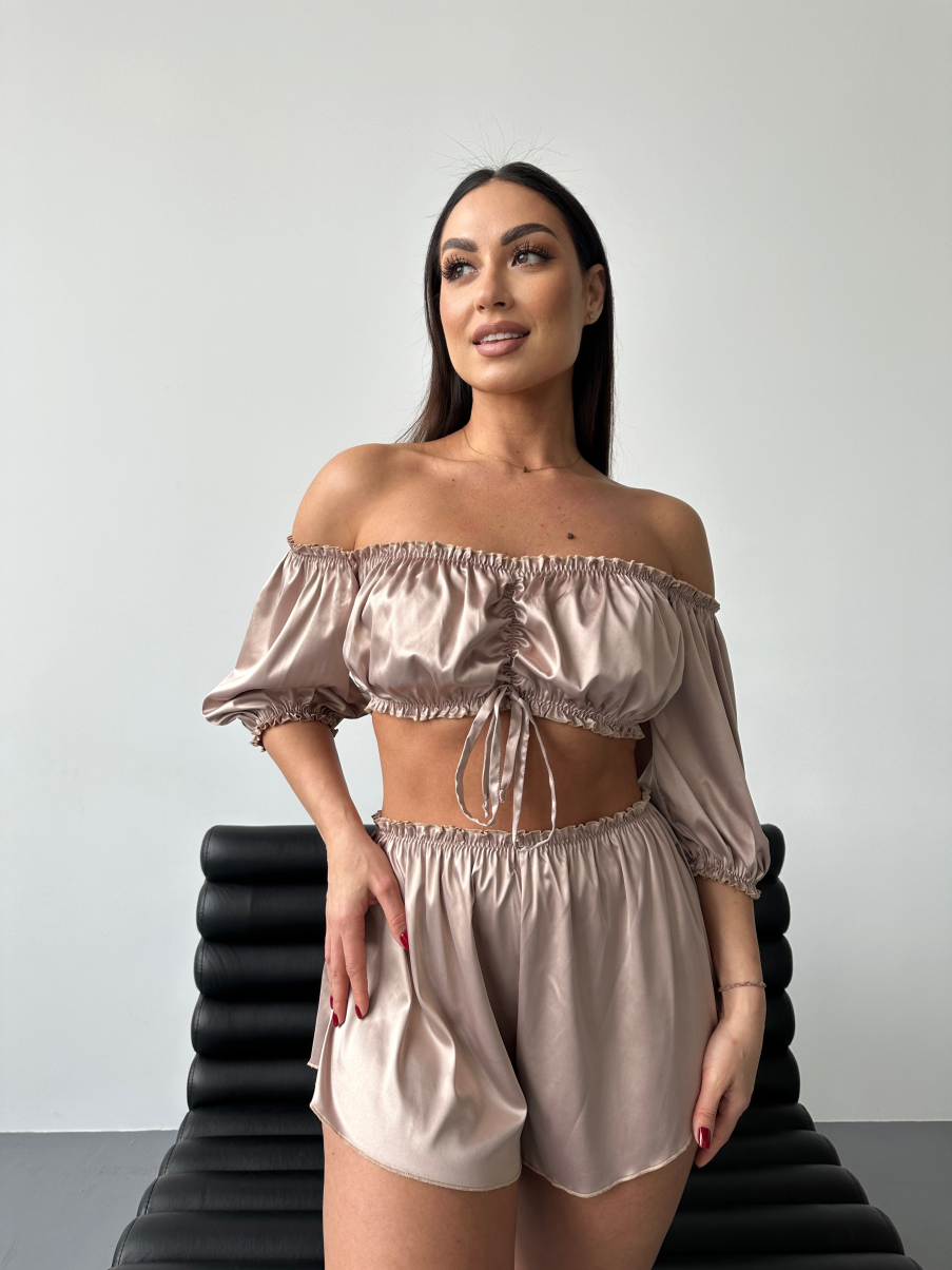 Піжама Marshmallow в бежевому кольорі топ М , шорти та трусики XS №333, фото 1