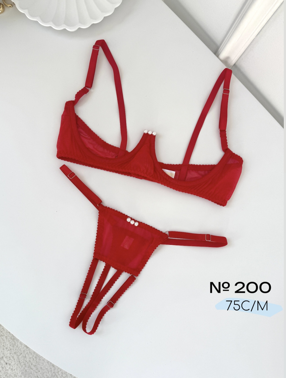 Комплект білизни Judy з сітки в червоному кольорі 75С, М №200, фото 1